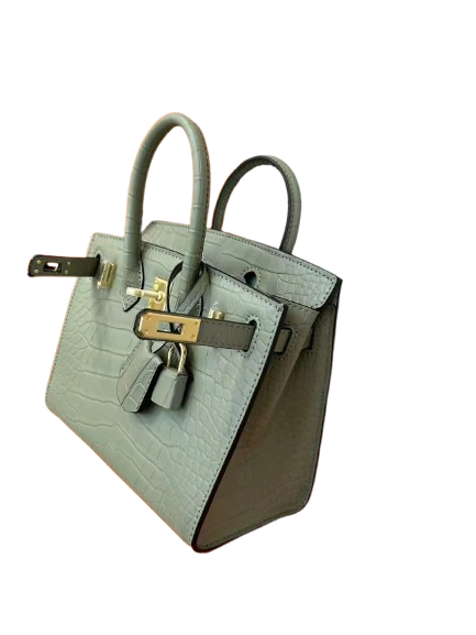 Mini Birkin 20cm Outer Stitching Tote Bag in Sage Green Crocodile Pattern