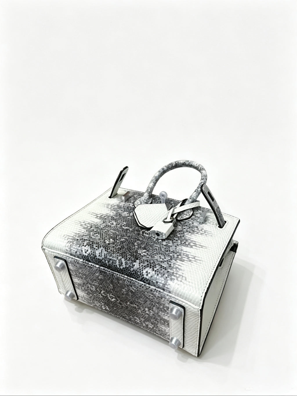 Mini Birkin 20cm Outer Stitching Tote Bag in Two-Tone Snow White Lizard Pattern