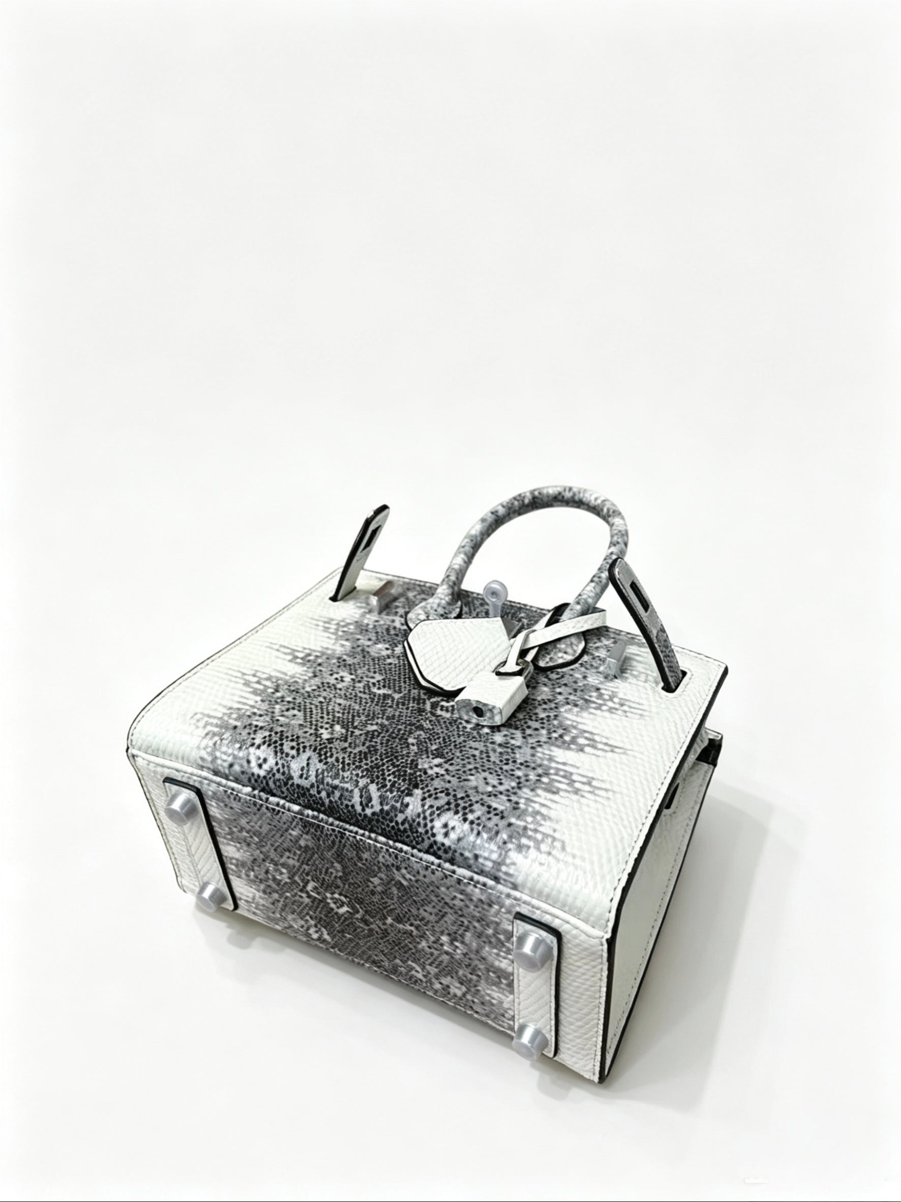 Mini Birkin 20cm Outer Stitching Tote Bag in Two-Tone Snow White Lizard Pattern