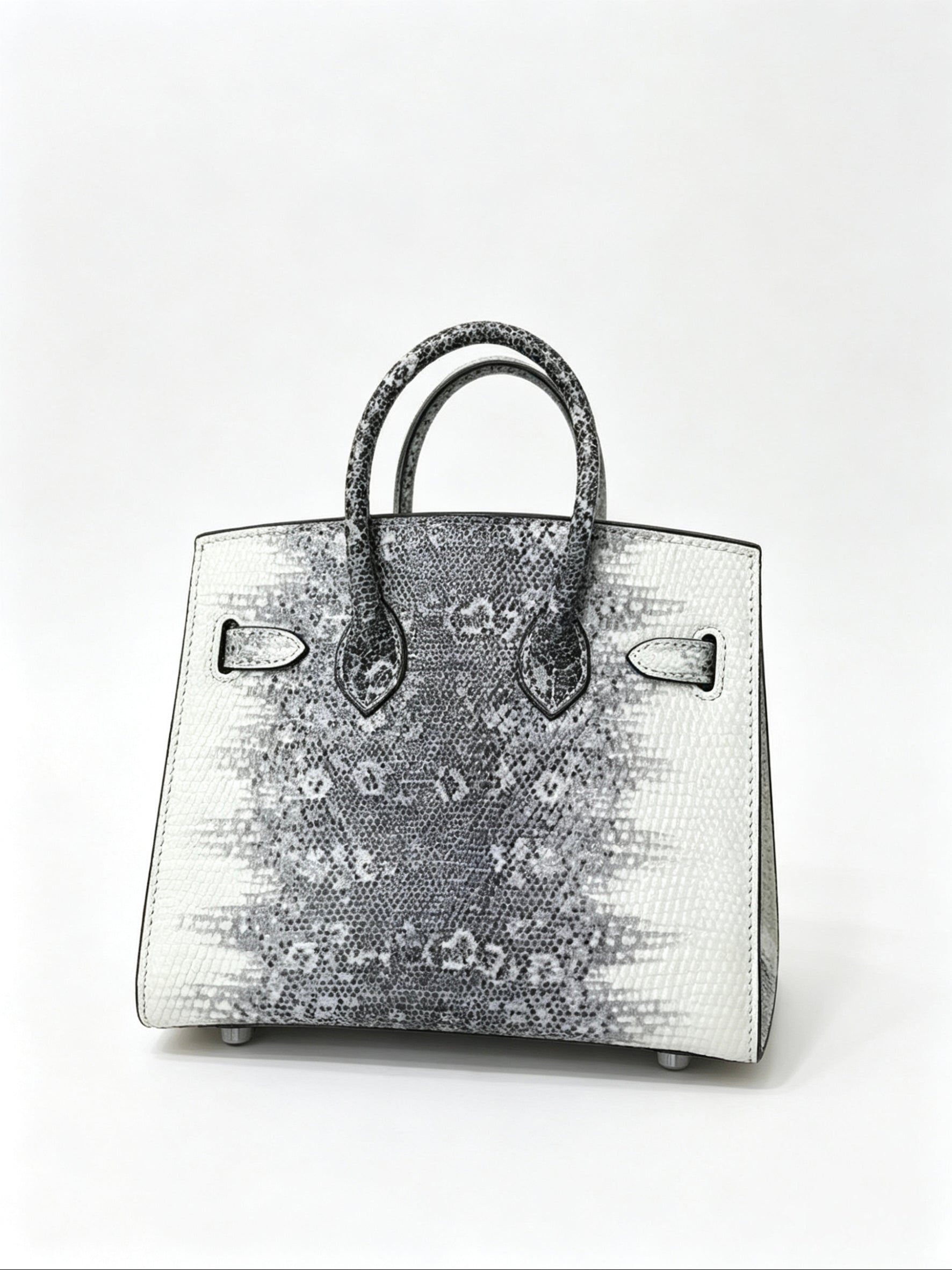 Mini Birkin 20cm Outer Stitching Tote Bag in Two-Tone Snow White Lizard Pattern