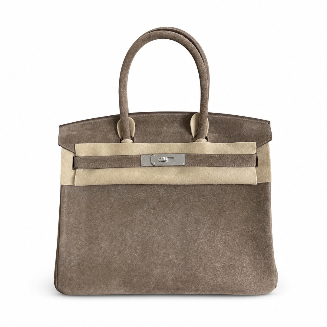 Birkin 30 Retourne in Etoupe Suede Grizzly with White Stitching (Palladium Hardware)