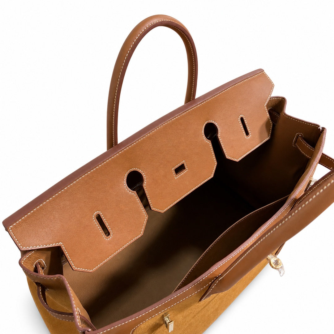 Birkin 40 Retourne in Gold Swift Leather and Suede Grizzly (Gold Hardware)