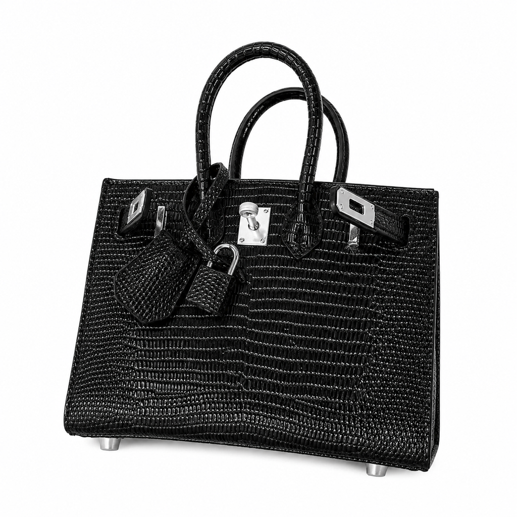 Mini Birkin 20cm Outer Stitching Tote Bag in Black Lizard Pattern