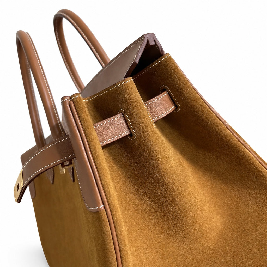 Birkin 40 Retourne in Gold Swift Leather and Suede Grizzly (Gold Hardware)