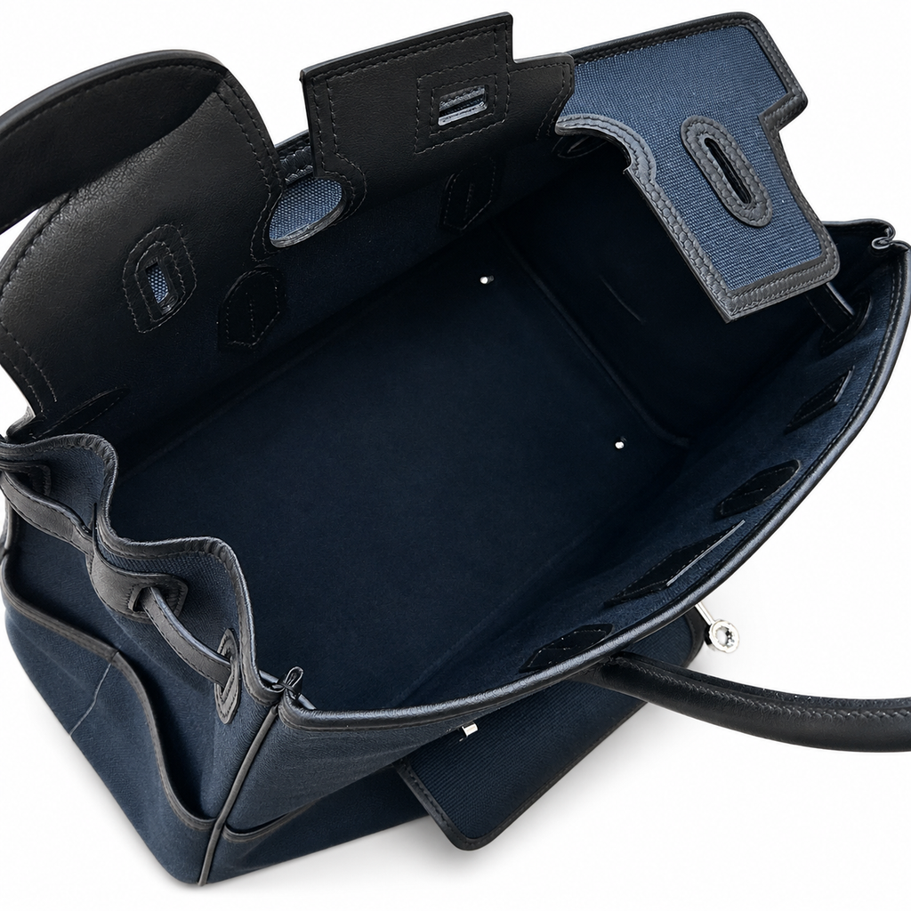 Birkin Cargo 35 in Bleu Encre Toile Goéland and Noir Swift Leather (Palladium Hardware)