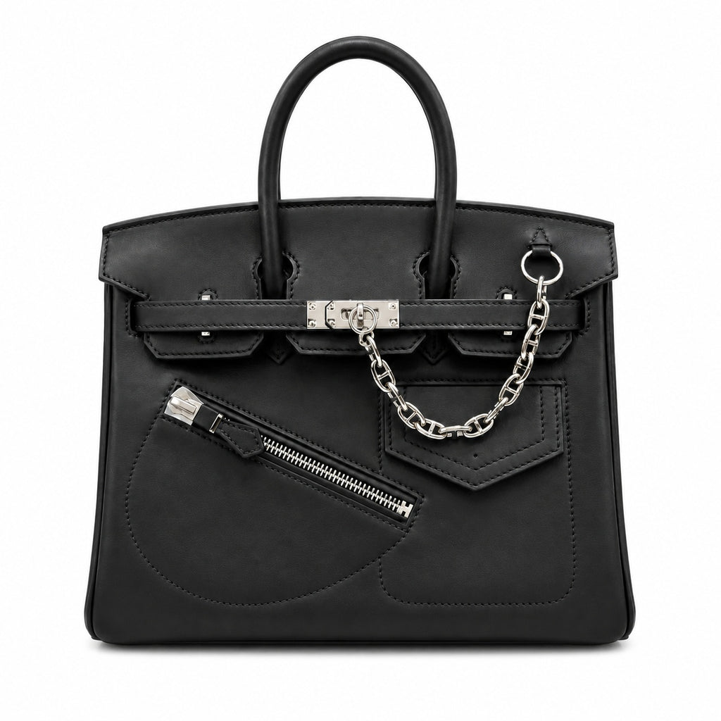 Birkin 25 Rock Black Leather Multi-Pocket Handbag with Chain