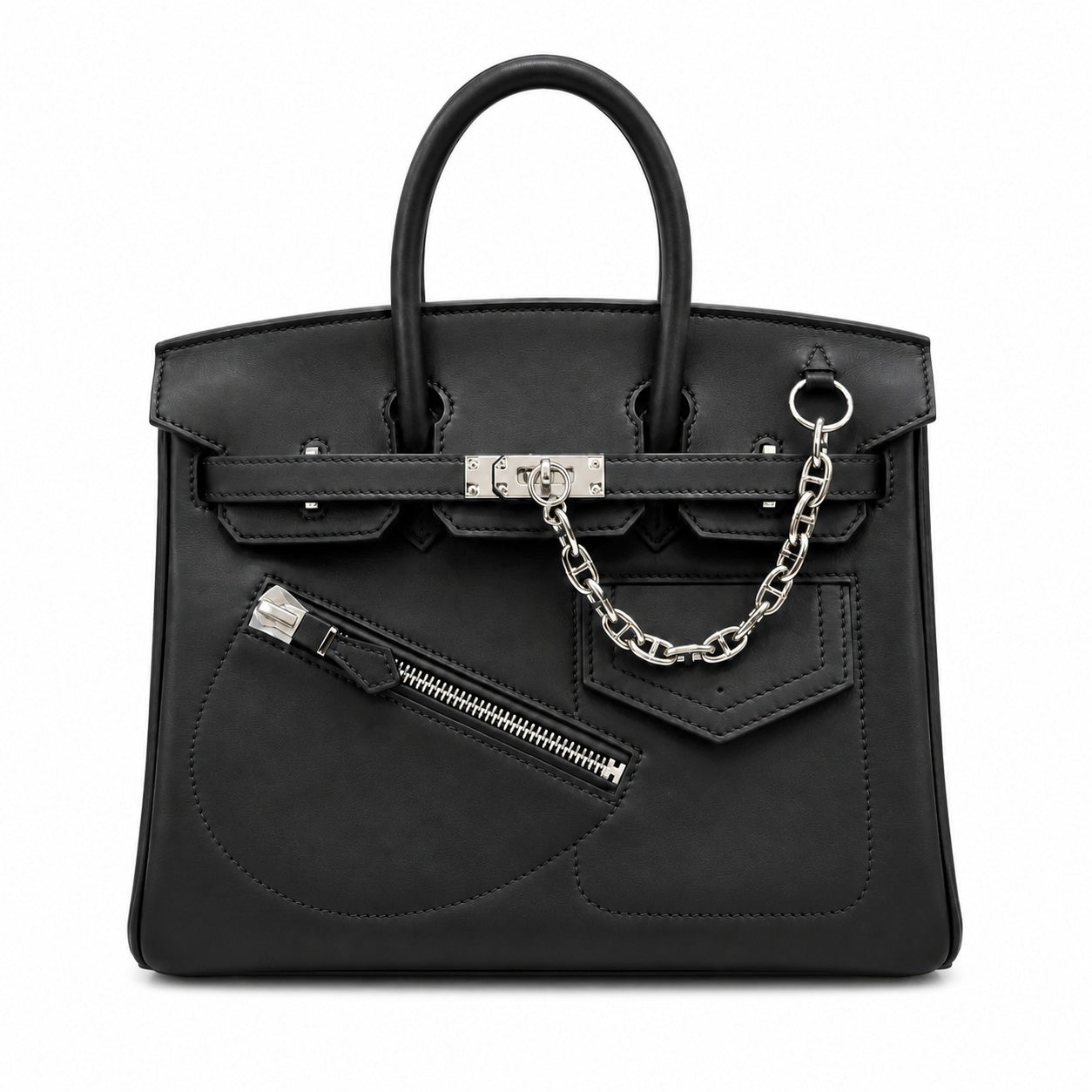 Birkin 25 Rock Black Leather Multi-Pocket Handbag with Chain