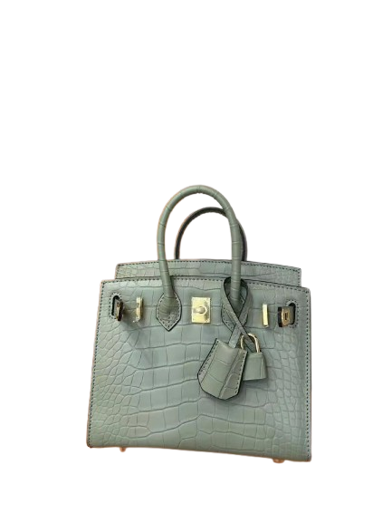 Mini Birkin 20cm Outer Stitching Tote Bag in Sage Green Crocodile Pattern