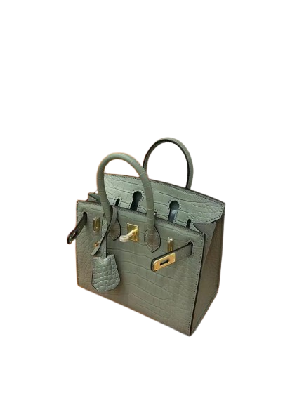 Mini Birkin 20cm Outer Stitching Tote Bag in Sage Green Crocodile Pattern