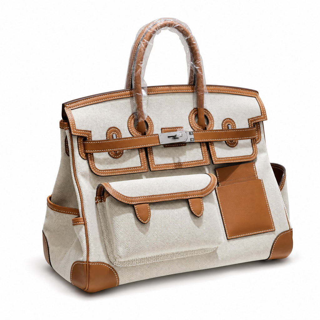 Birkin Cargo 35 Gold Leather and Ecru Canvas Multi-Pocket Bag