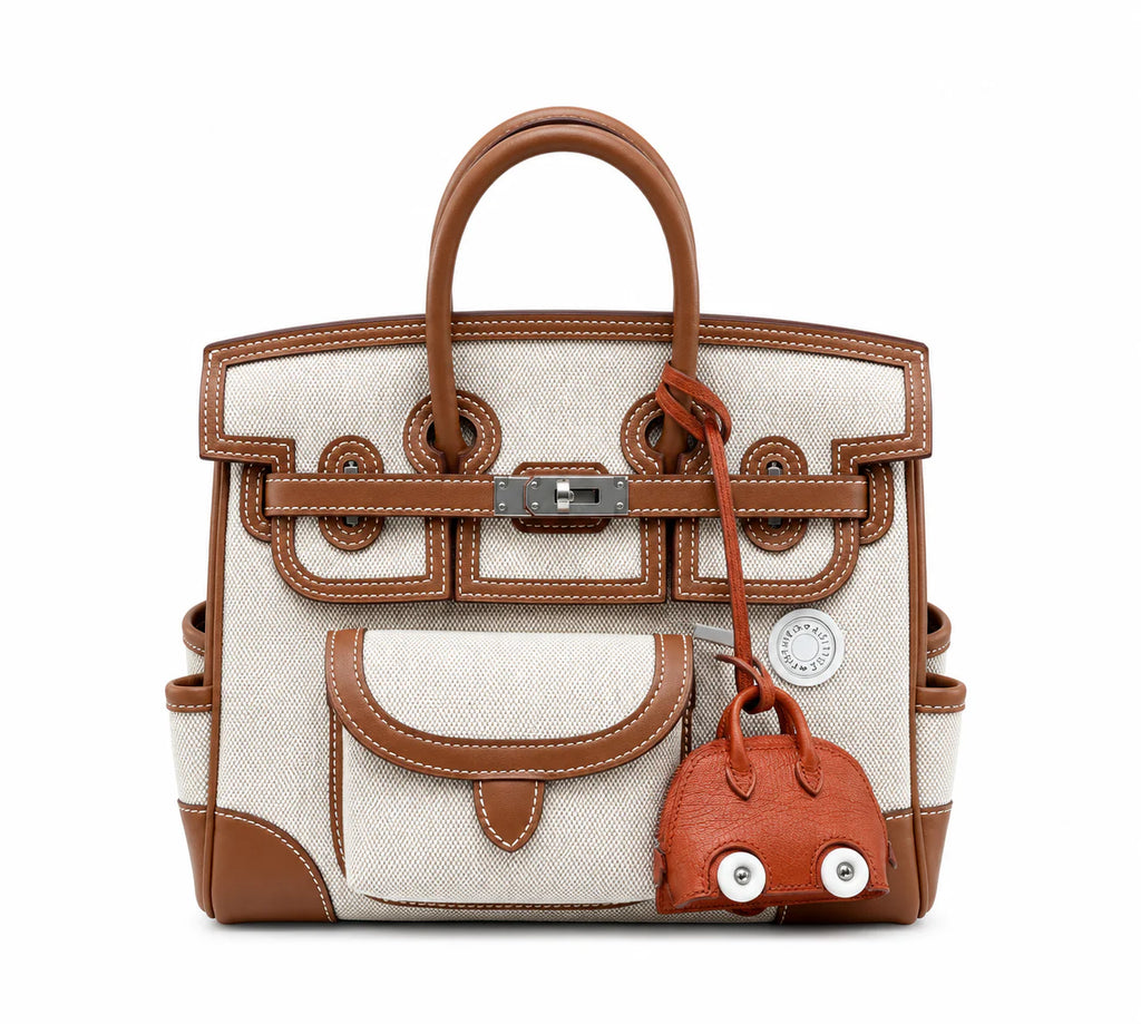 Multi-Pocket Birkin Cargo 25cm Tote in Gold Brown Leather & Canvas