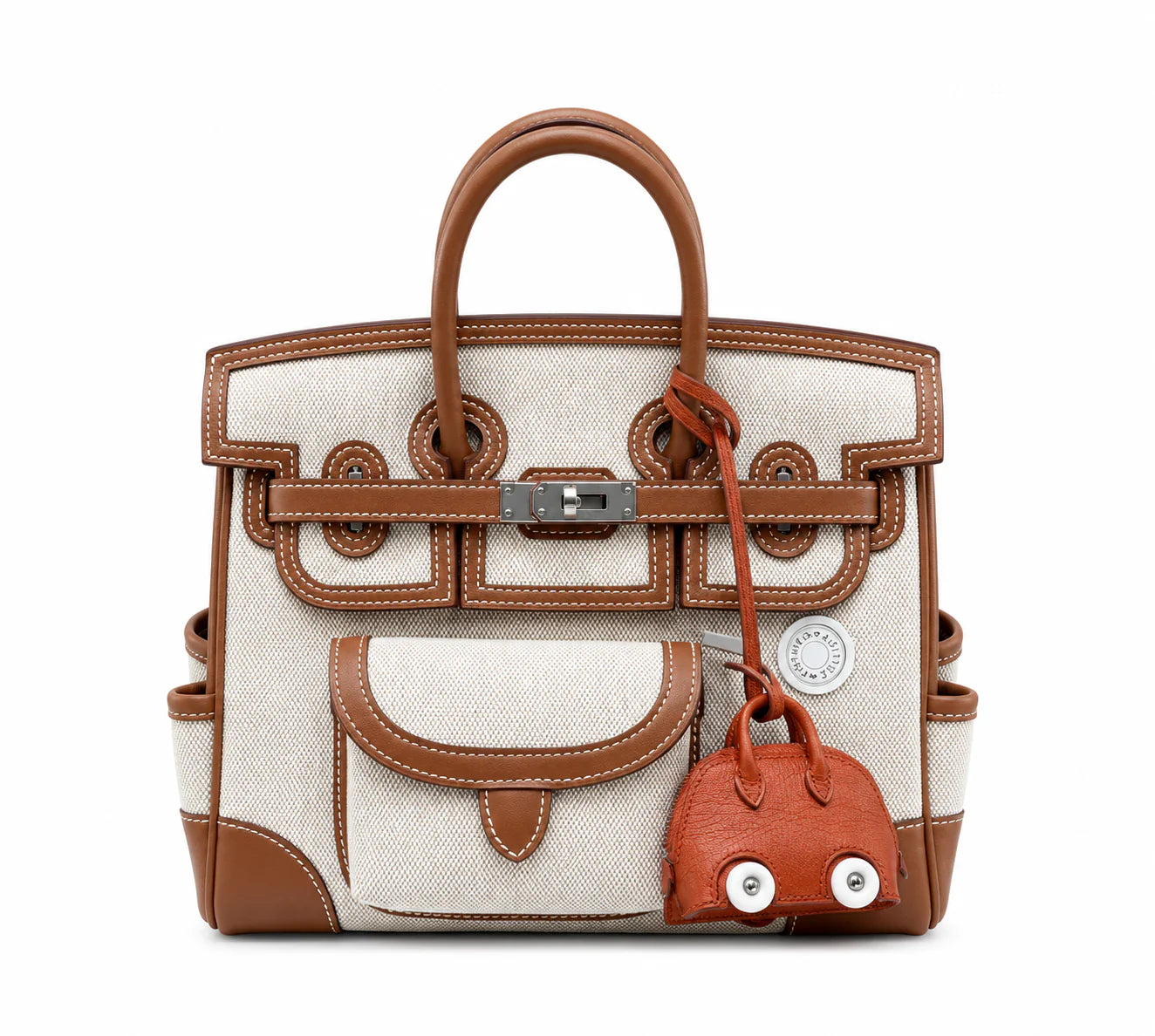 Multi-Pocket Birkin Cargo 25cm Tote in Gold Brown Leather & Canvas