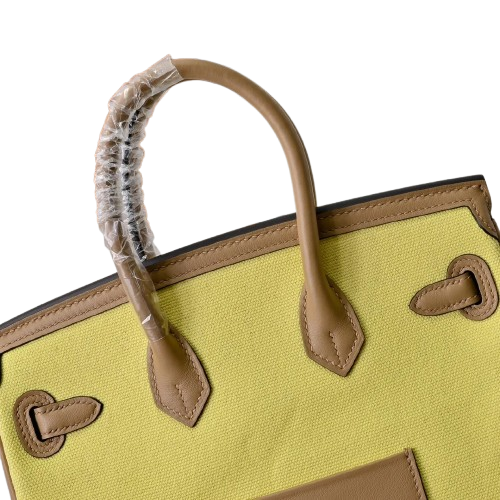 Birkin Cargo 25 Sesame and Lime Yellow Swift Leather Splicing Canvas Bag
