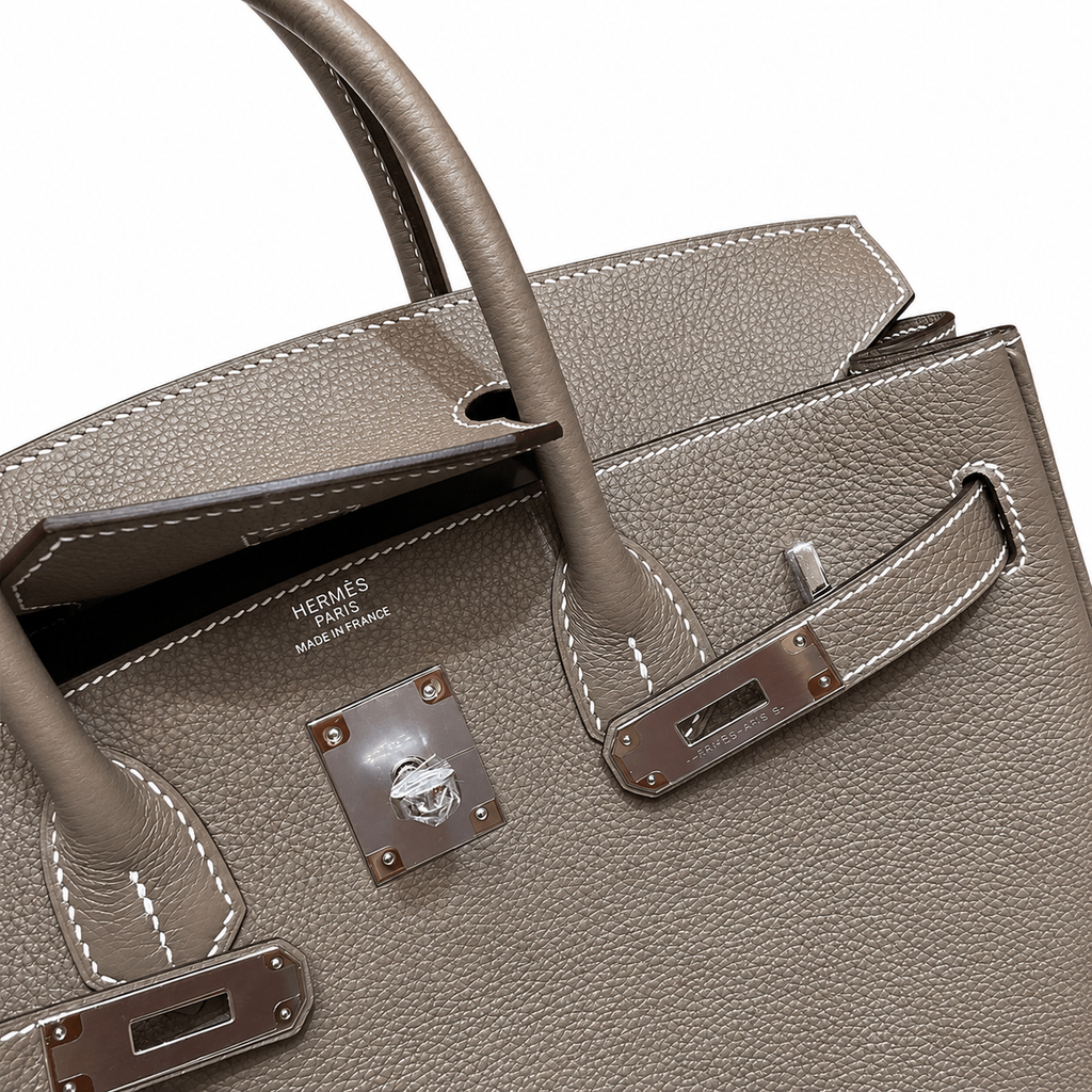 Birkin 30 Retourne in Etoupe Togo Leather with White Stitching (Palladium Hardware)