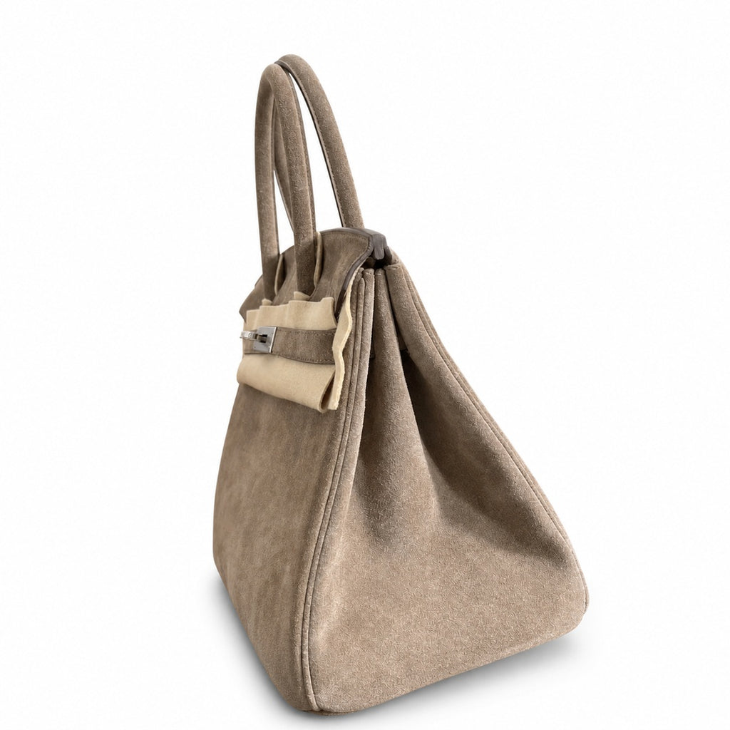 Birkin 30 Retourne in Etoupe Suede Grizzly with White Stitching (Palladium Hardware)