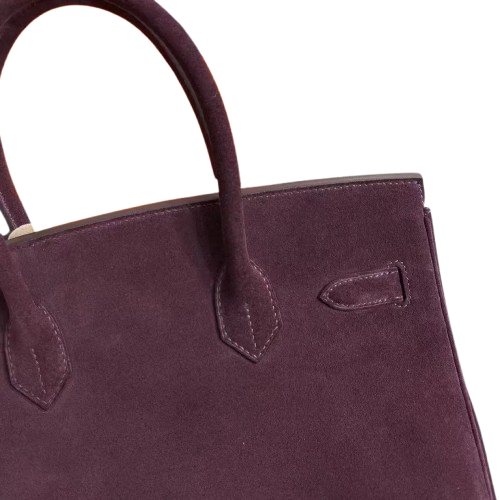 Birkin 30 Retourne in Bordeaux Suede Grizzly with White Stitching (Gold Hardware)
