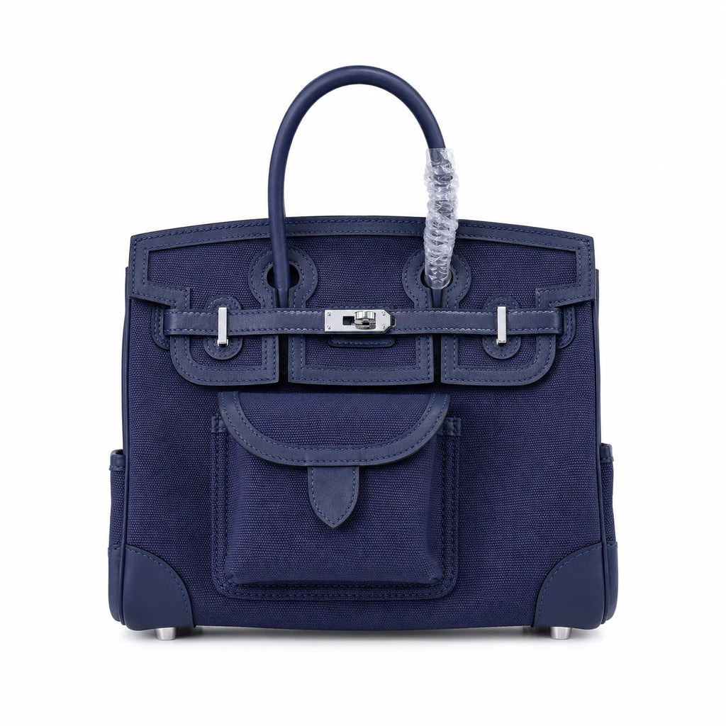 Birkin Cargo 25 Navy Blue Swift Leather and Canvas Splicing Bag