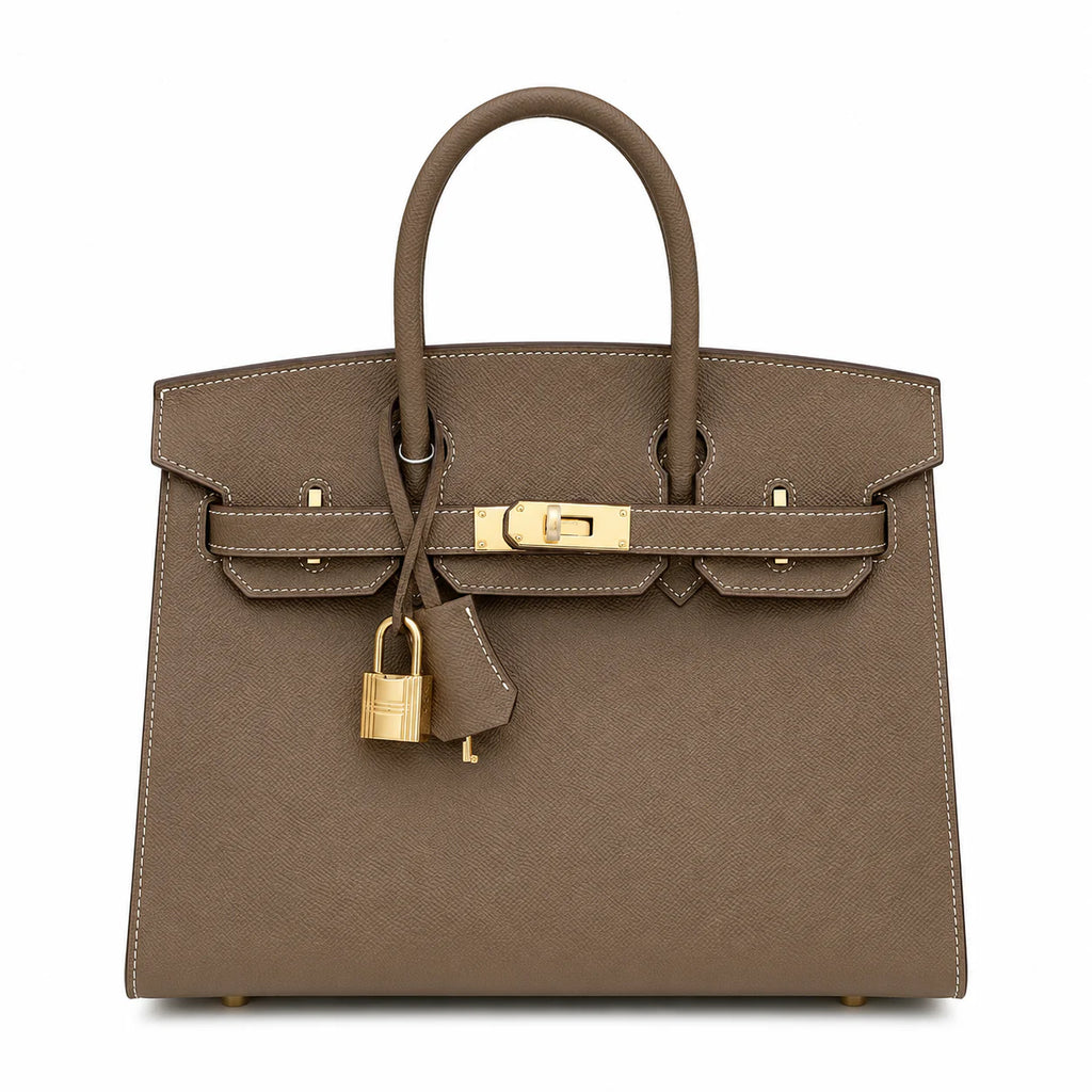 Birkin Style 25/30 Sellier in Etoupe Epsom Leather with White Stitching (Gold Hardware)