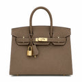 Birkin Style 25/30 Sellier in Etoupe Epsom Leather with White Stitching (Gold Hardware)