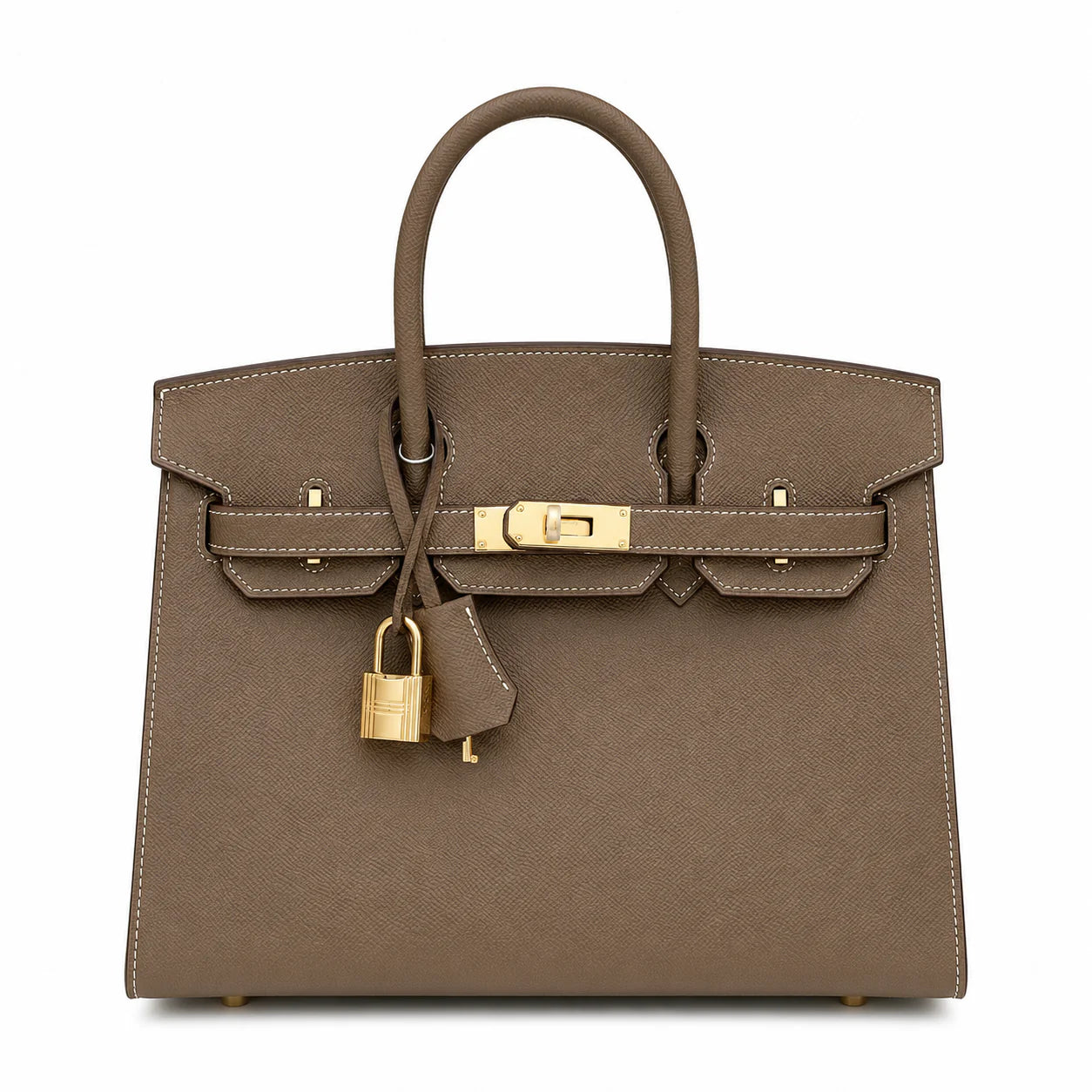 Birkin Style 25/30 Sellier in Etoupe Epsom Leather with White Stitching (Gold Hardware)