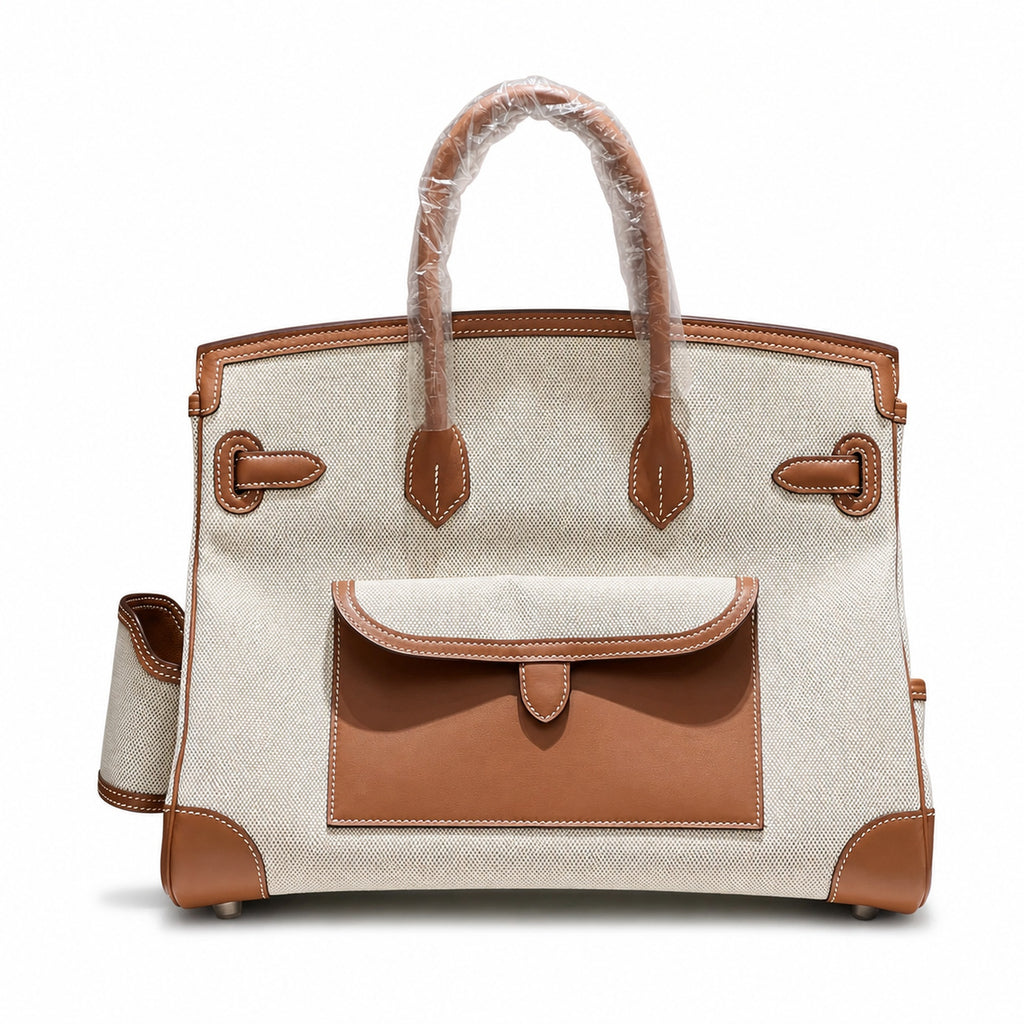 Birkin Cargo 35 Gold Leather and Ecru Canvas Multi-Pocket Bag
