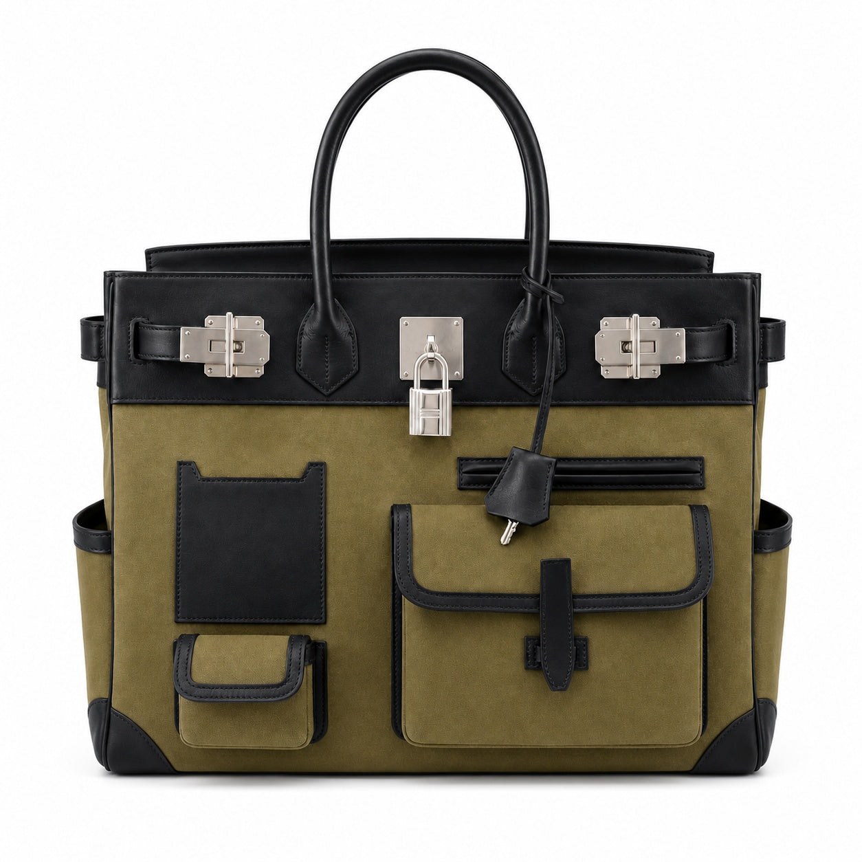 Birkin Cargo 40 Kaki Green Canvas and Black Leather Multi-Pocket Bag