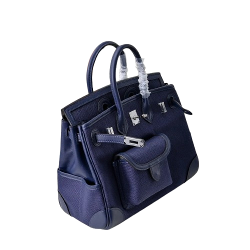 Birkin Cargo 25 Navy Blue Swift Leather and Canvas Splicing Bag