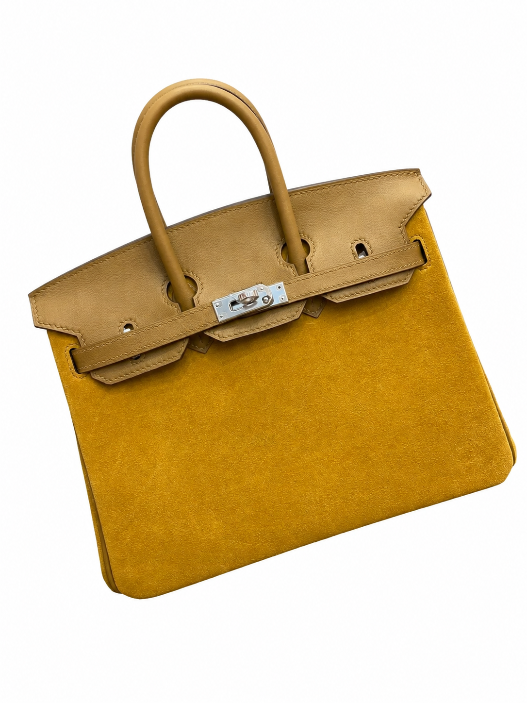 Birkin 25 Retourne in Yellow Swift Leather and Suede Grizzly (Palladium Hardware)