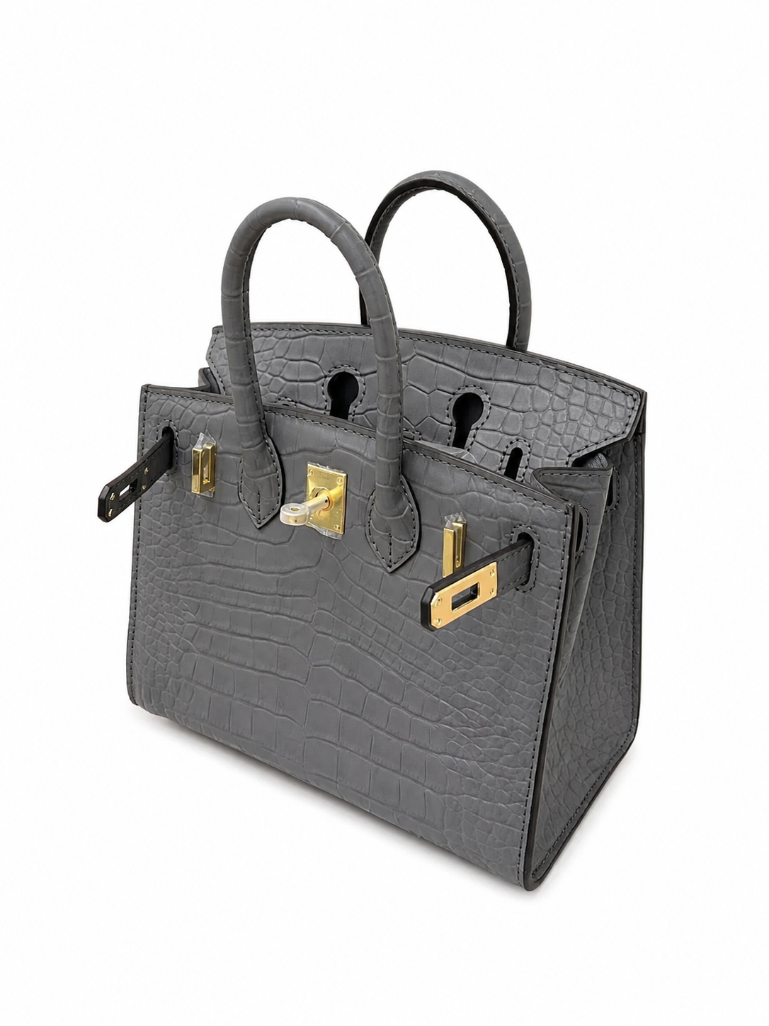 Mini Birkin 20cm Outer Stitching Tote Bag in Etain Gray Crocodile Pattern