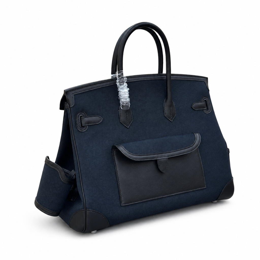 Birkin Cargo 35 in Bleu Encre Toile Goéland and Noir Swift Leather (Palladium Hardware)