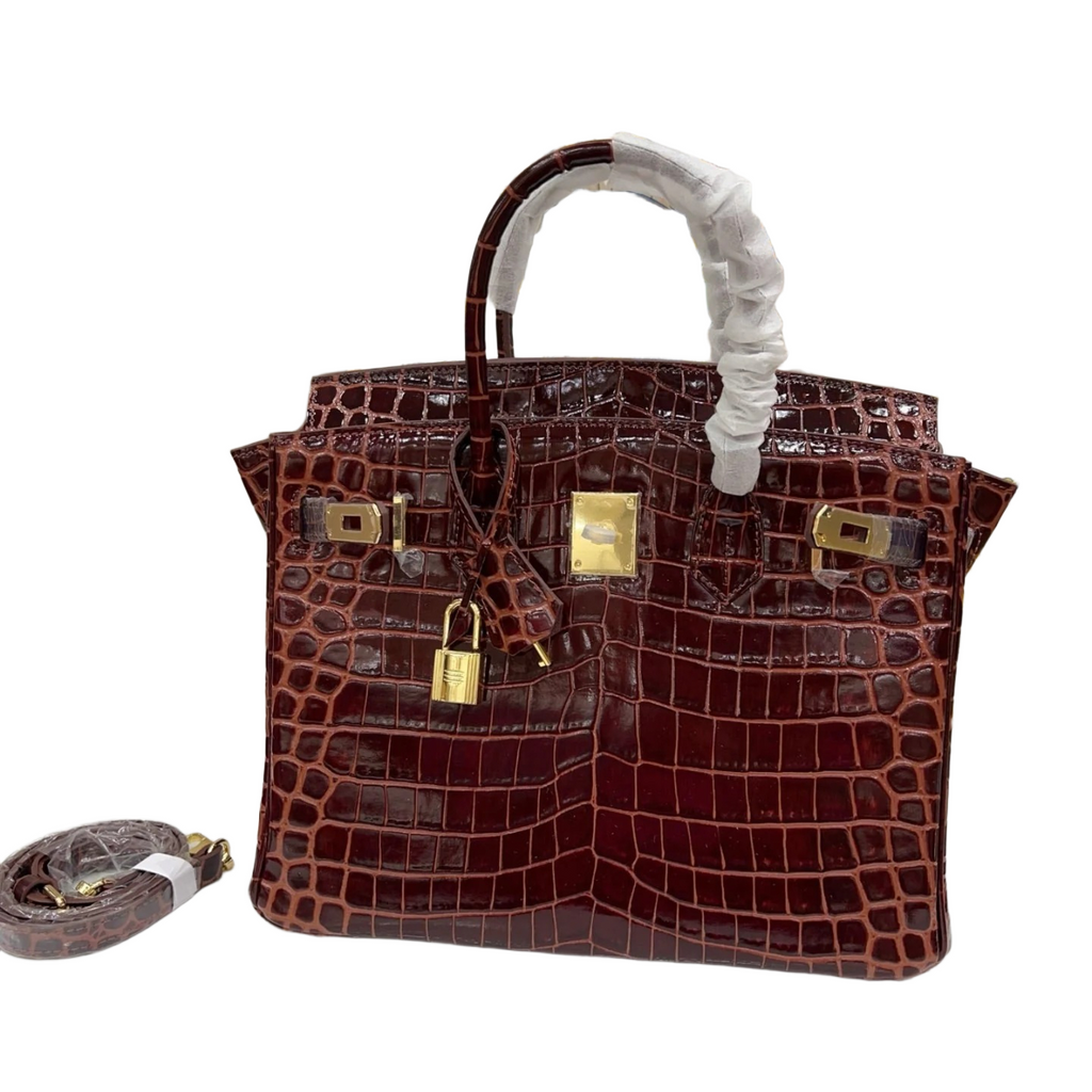 Birkin Style 25/30 Retourne in Rouge H Crocodile-Embossed Leather (Gold Hardware)