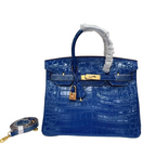 Birkin Blue Croc Embossement Leather Handbags Metal Lock Satchel Bag
