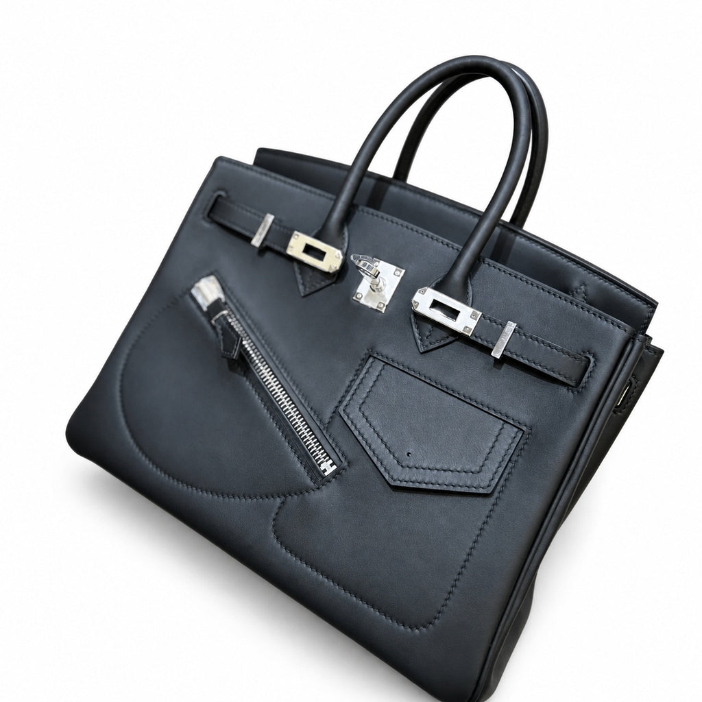 Birkin 25 Rock Black Leather Multi-Pocket Handbag with Chain