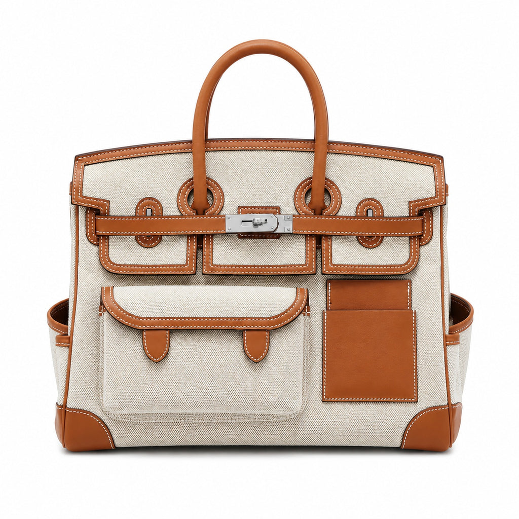 Birkin Cargo 35 Gold Leather and Ecru Canvas Multi-Pocket Bag