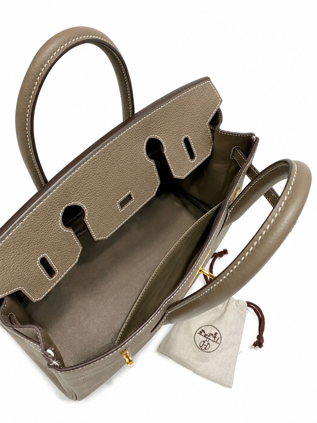Birkin 30 Retourne in Etoupe Togo Leather with White Stitching (Gold Hardware)