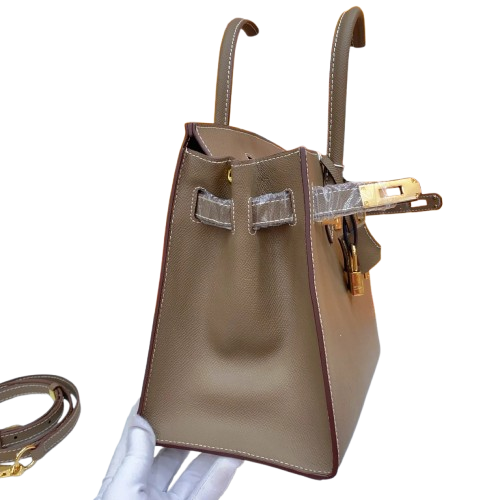 Birkin Style 25/30 Sellier in Etoupe Epsom Leather with White Stitching (Gold Hardware)