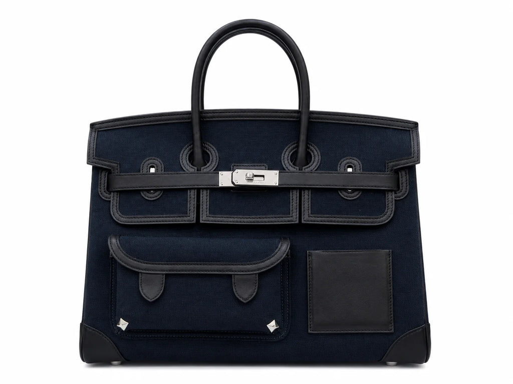 Birkin Cargo 35 in Bleu Nuit Toile Goéland and Noir Swift Leather (Palladium Hardware)
