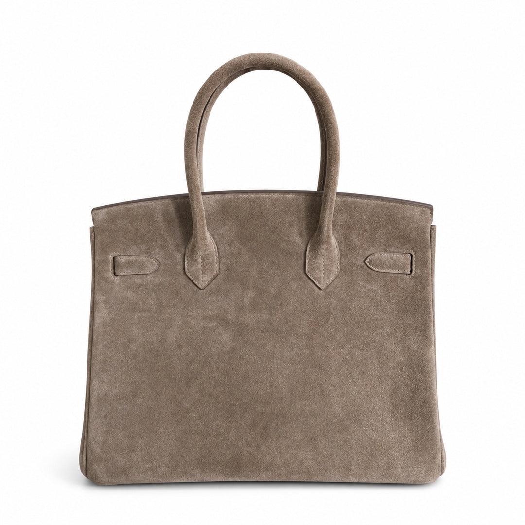 Birkin 30 Retourne in Etoupe Suede Grizzly with White Stitching (Palladium Hardware)