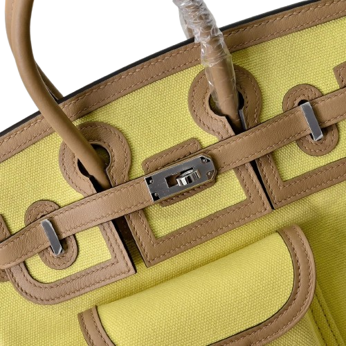 Birkin Cargo 25 Sesame and Lime Yellow Swift Leather Splicing Canvas Bag