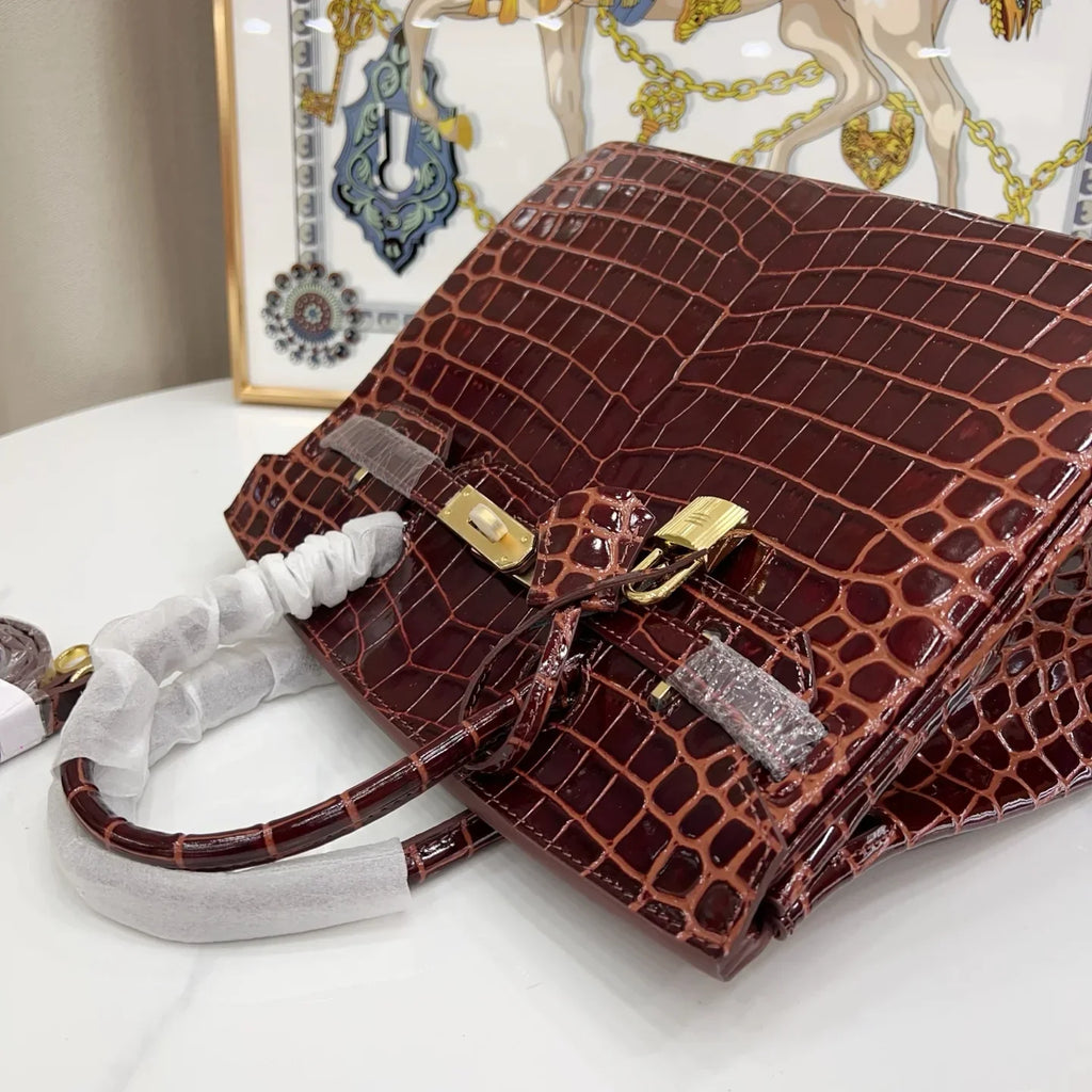 Birkin Bordeaux Shiny Porosus Crocodile Gold Hardware