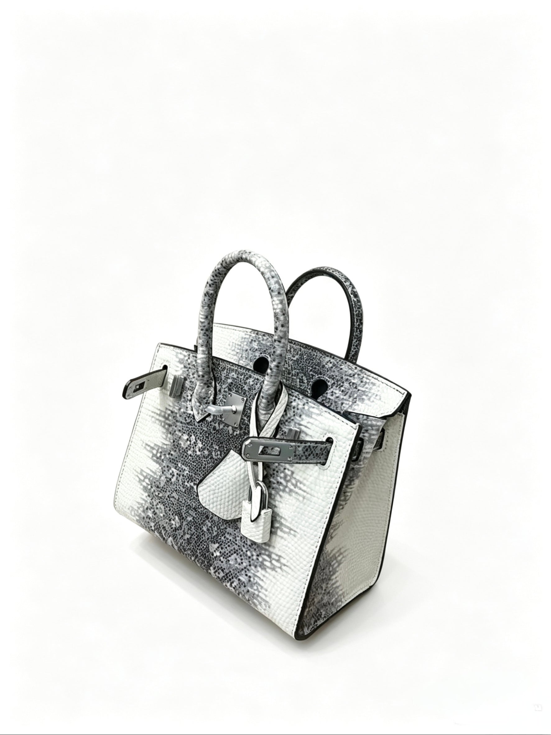 Mini Birkin 20cm Outer Stitching Tote Bag in Two-Tone Snow White Lizard Pattern