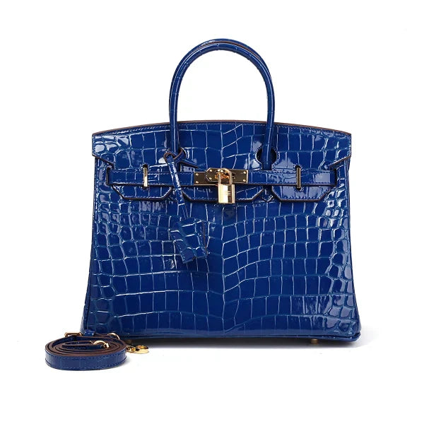 Birkin Blue Croc Embossement Leather Handbags Metal Lock Satchel Bag