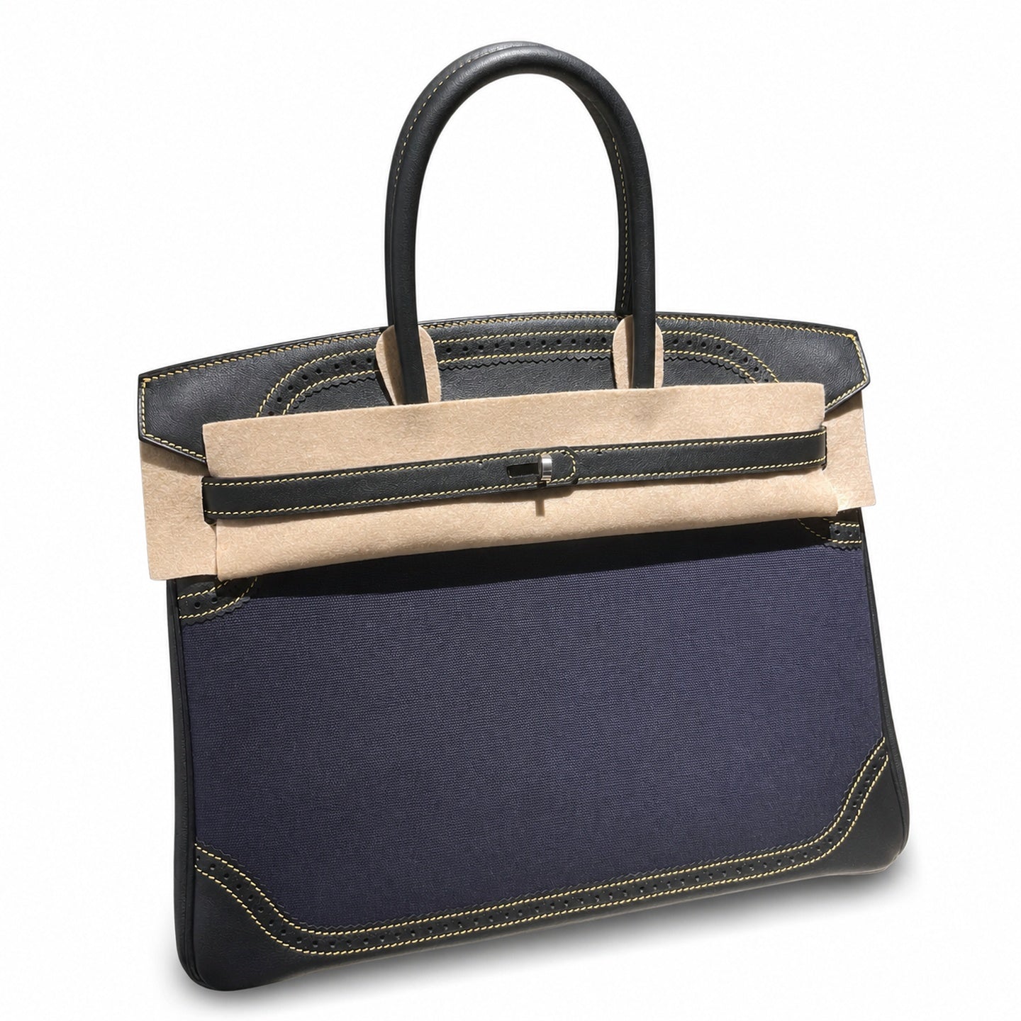 Birkin Ghillies 30 Black Leather and Navy Blue Denim Splicing Bag
