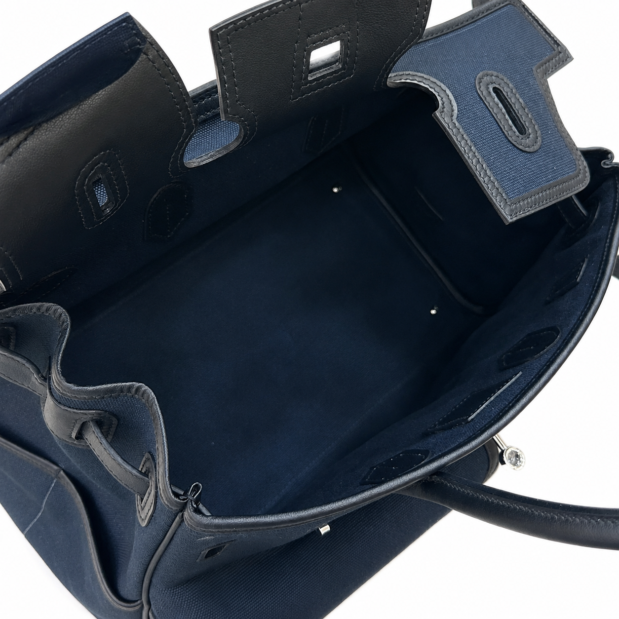 Birkin Cargo 35 in Bleu Nuit Toile Goéland and Noir Swift Leather (Palladium Hardware)