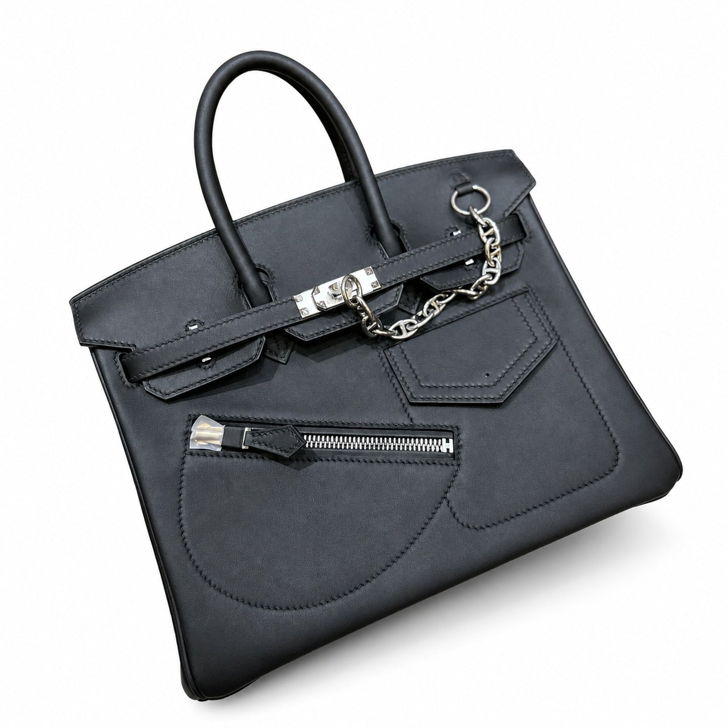 Birkin 25 Rock Black Leather Multi-Pocket Handbag with Chain