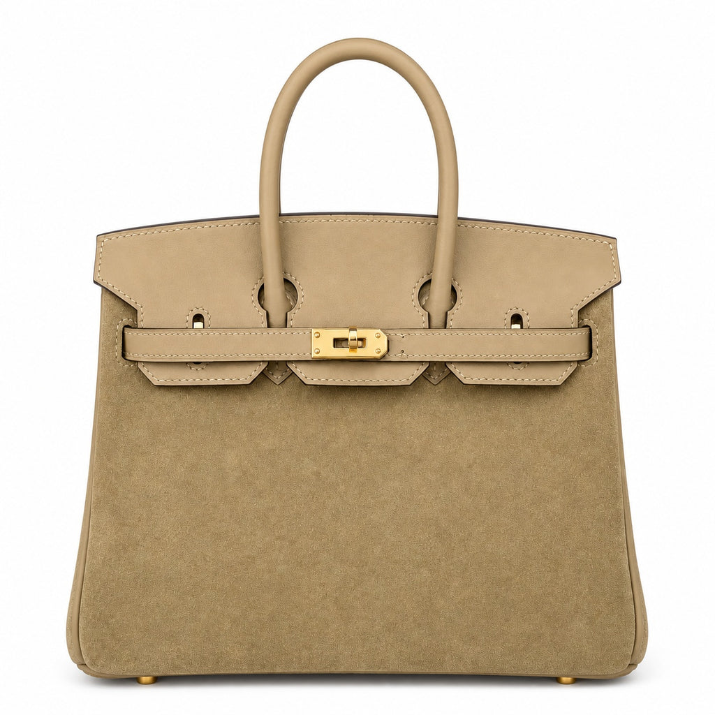 Elegant Neutral Birkin 25cm Grizzly Beige Suede Luxury Top-Handle Tote