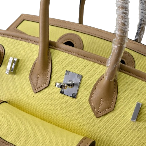 Birkin Cargo 25 Sesame and Lime Yellow Swift Leather Splicing Canvas Bag