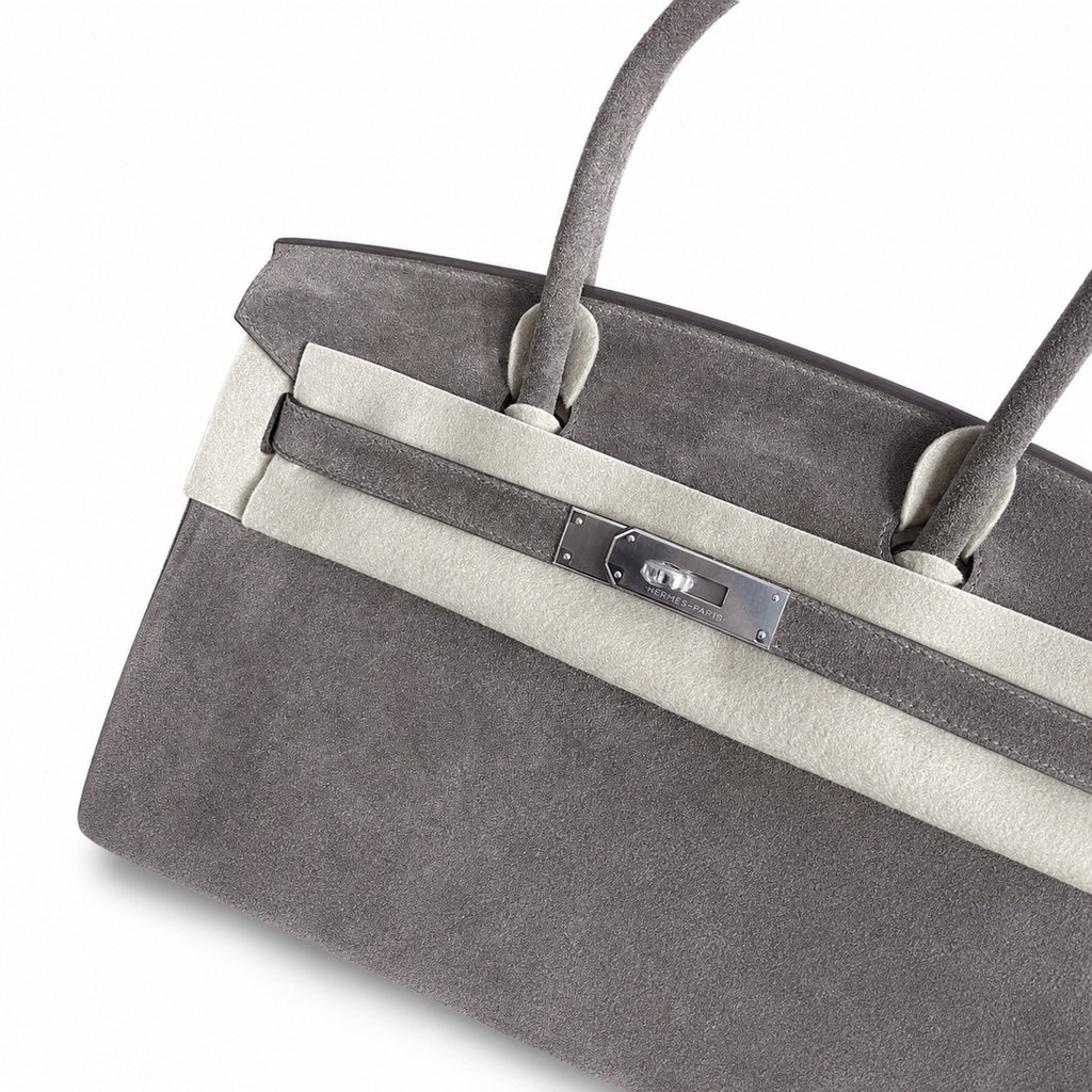 Birkin 30 Retourne in Etoupe Suede Grizzly with White Stitching (Palladium Hardware)