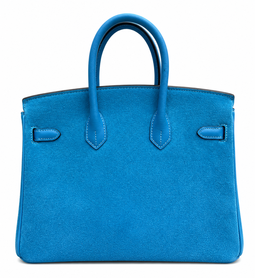 Birkin 25 Retourne in Bleu Zanzibar Swift Leather and Suede Grizzly (Palladium Hardware)