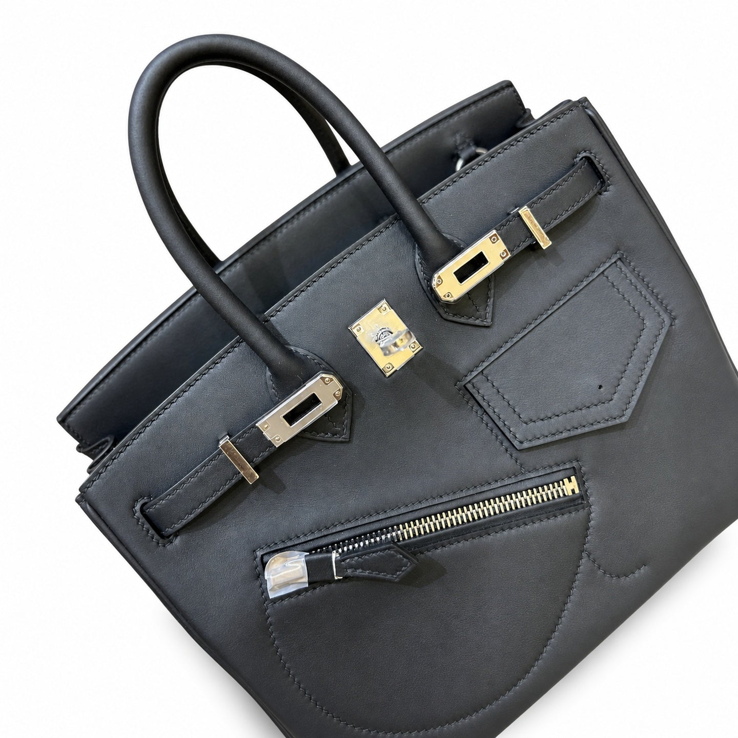 Birkin 25 Rock Black Leather Multi-Pocket Handbag with Chain